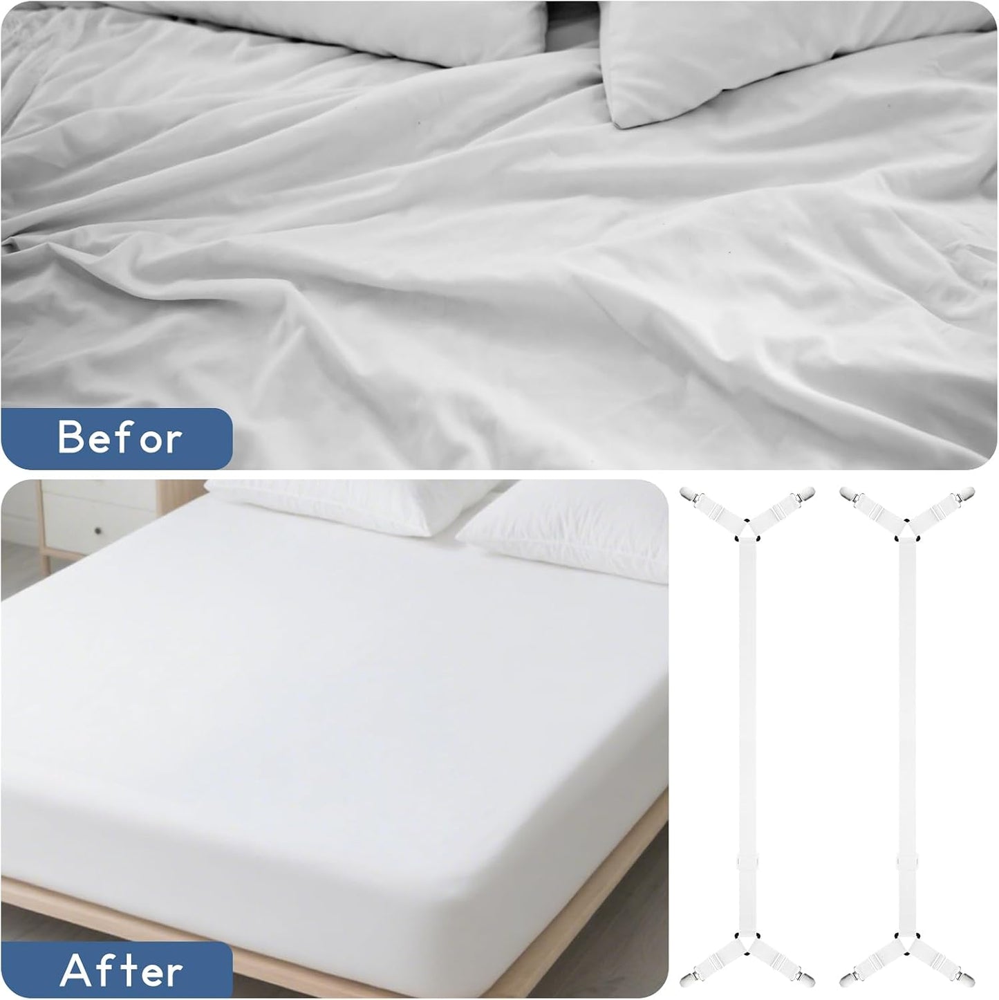 CHRORINE Bed Sheet Holder Straps Adjustable Sheet Fasteners Clips Keep Bedding Stays in Place, 4 Pcs/Set, Black