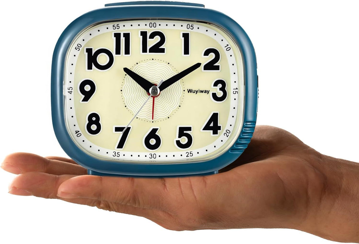 Vintage Retro Analog Alarm Clock, Battery Operated, Readable for Seniors，Silent No Ticking, Glow in Dark Dial, Lighted on Demand and Snooze, Blue, 4.7" x 3.9" x 2.7"