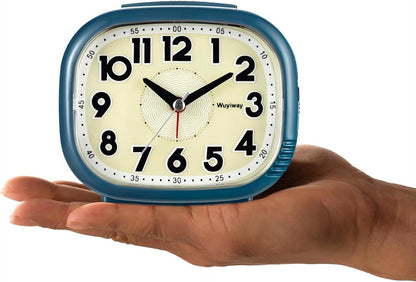 Vintage Retro Analog Alarm Clock, Battery Operated, Readable for Seniors，Silent No Ticking, Glow in Dark Dial, Lighted on Demand and Snooze, Blue, 4.7" x 3.9" x 2.7"