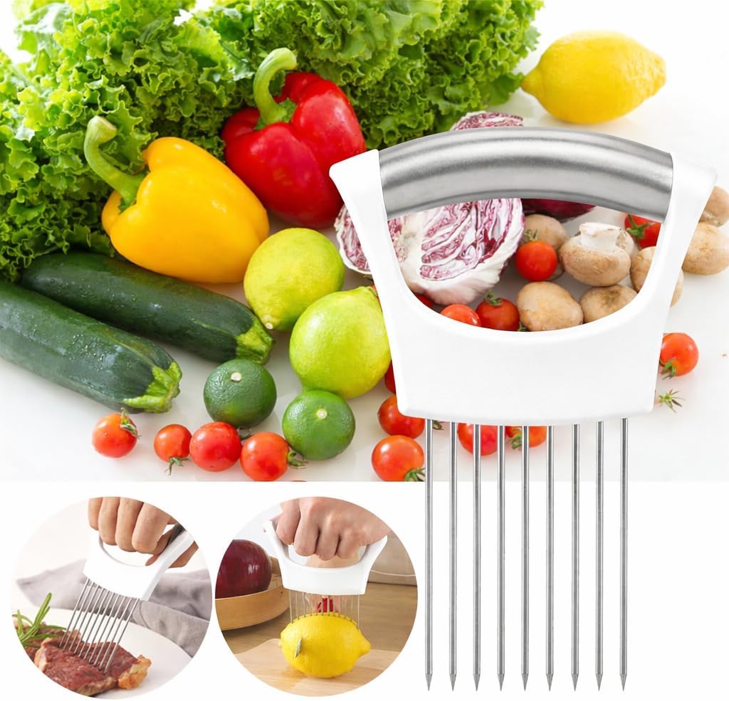 Onion Holder Slicer with Stainless Steel Blades, Vegetable Chopper for Tomato, Potato, Avocado, Lemon, Food Cutting Assistant Tool