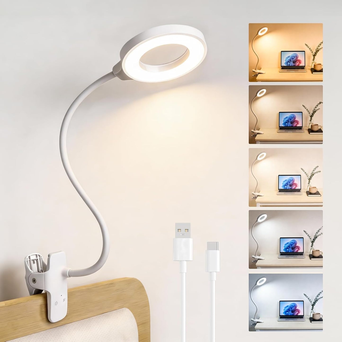 Clip on Reading Light for Bed Headboard, 5 Colors & 5 Brightness, Black | Rechargeable Battery with Large Clamp, Flexible Neck Desk Lamp, Eye Protection LED Touch Control Book Light for Kids