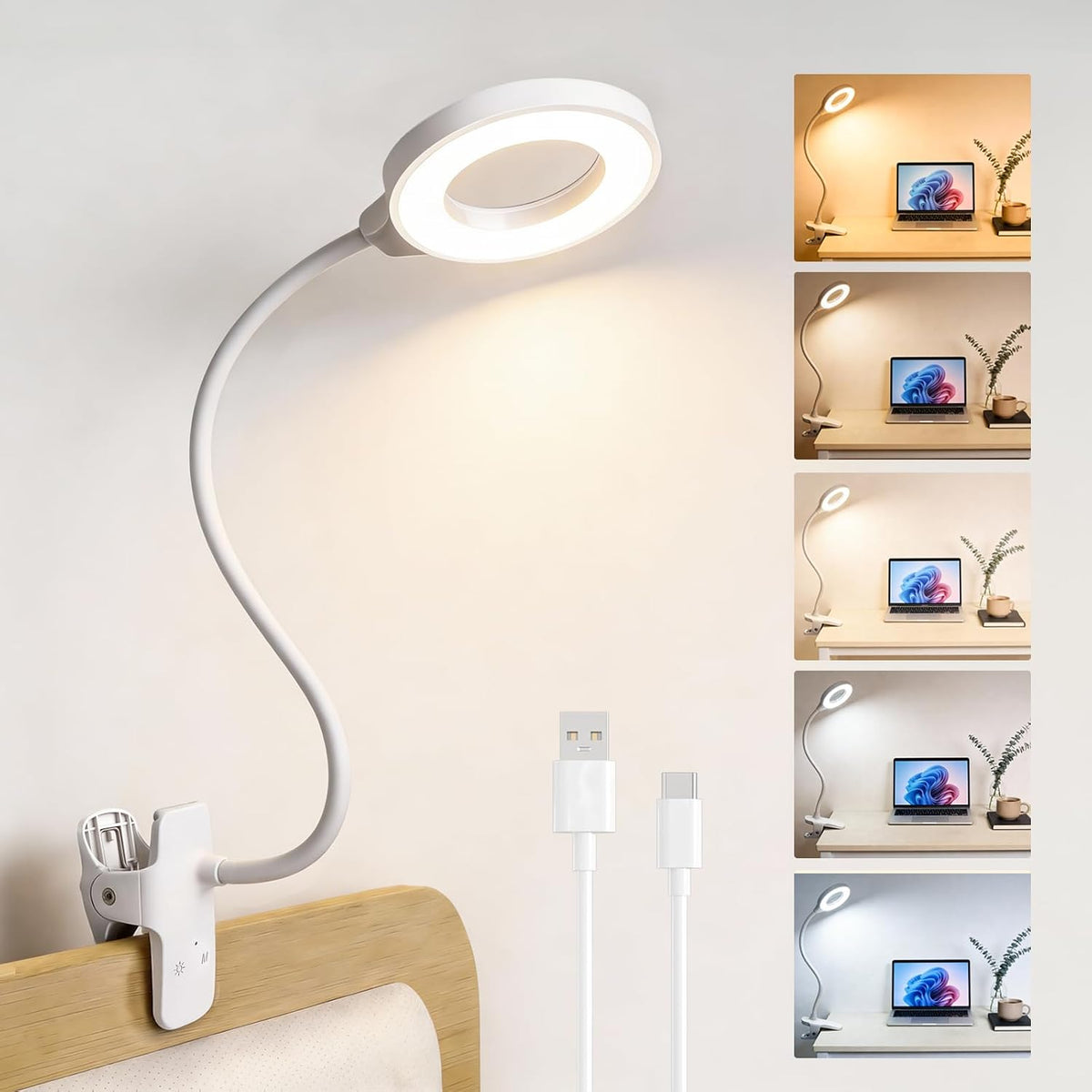 Clip on Reading Light for Bed Headboard, 5 Colors & 5 Brightness, Black