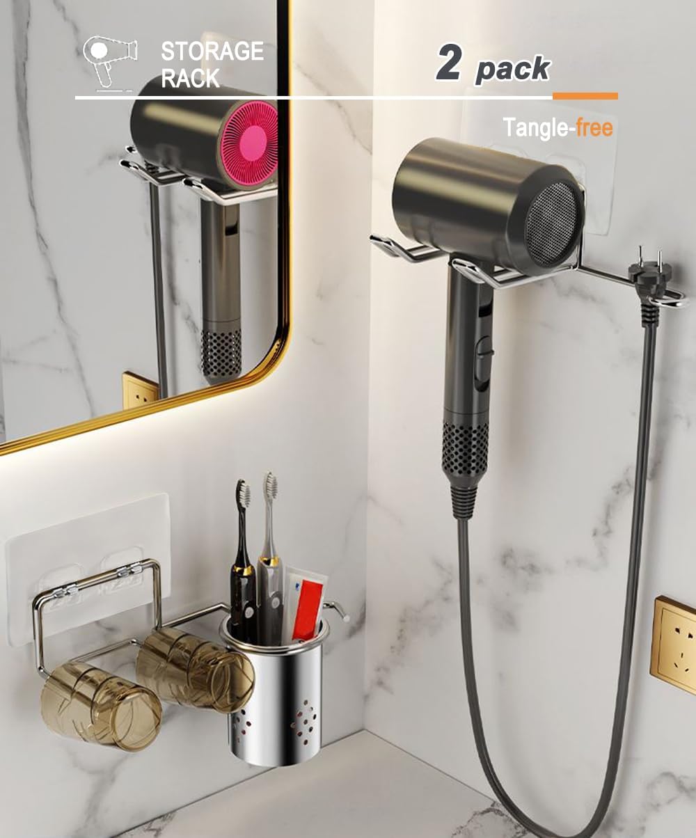 2 Pack Hair Dryer Holder, Wall Mount Self Adhesive Waterproof Blow Dryer Rack Storage Organizer Hanger, Compatible with Dyson and Most Hair Blower Appliance, Brush, Curling Iron, Straightener
