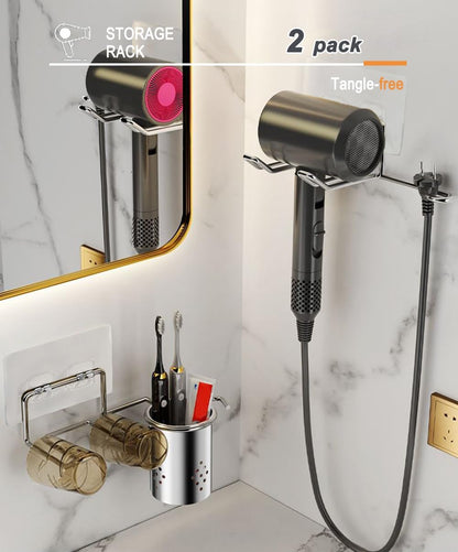 2 Pack Hair Dryer Holder, Wall Mount Self Adhesive Waterproof Blow Dryer Rack Storage Organizer Hanger, Compatible with Dyson and Most Hair Blower Appliance, Brush, Curling Iron, Straightener