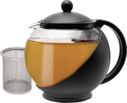 Primula Half Moon Teapot with Removable Infuser, Glass Tea Maker with Reusable Fine Mesh Stainless Steel Filter, Dishwasher Safe, 40-Ounce, Black