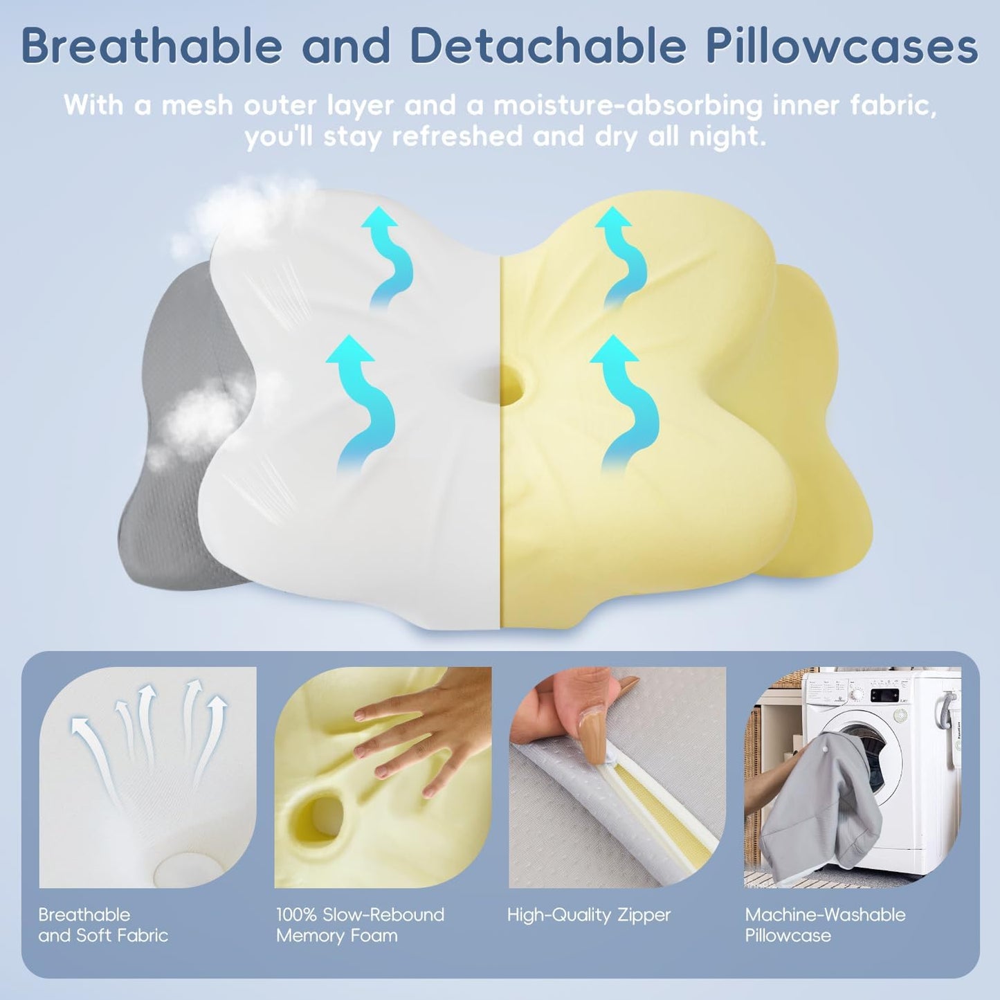 Cervical Neck Pillow, Memory Foam Pillow with Dual Height, White | Ergonomic Pillow for Neck Pain Relief, Breathable Cover,Neck Support Pillow for Side Back & Stomach Sleepers, Odorless
