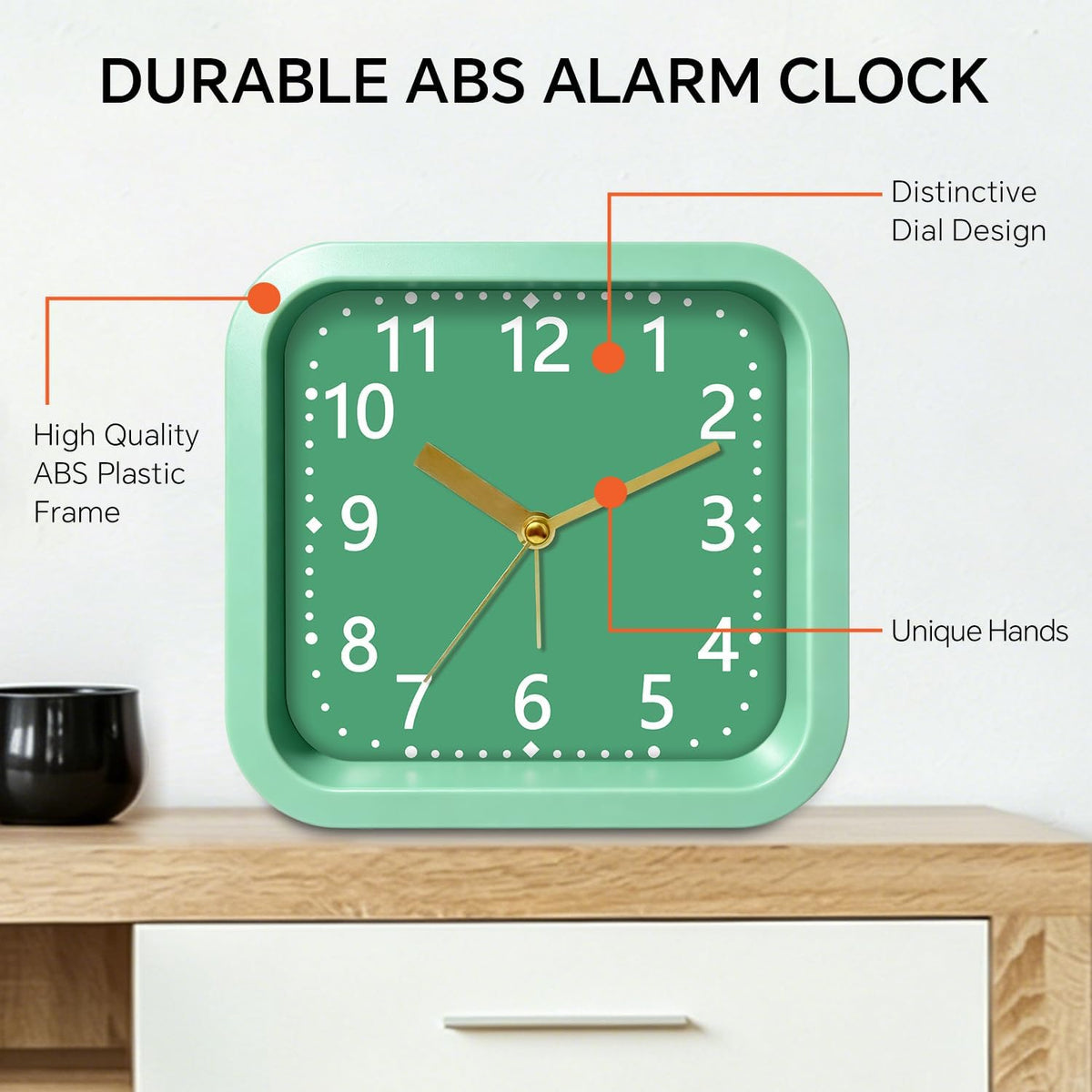 Loud Alarm Clock for Heavy Sleepers, 4.5" Simple Square Analog Alarm Clocks with Silent Movement Battery Operated Easy-to-Read Dial, Plastic Small Desk Clock for Bedroom Teens Seniors, Black