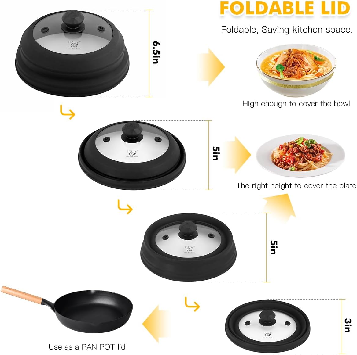 Microwave Splatter Cover Vented Glass Cover Splatter Guard Lid with Collapsible Silicone for Food as Pot Cover Plate Cover 10.8 inch for 6 7 8 9 10 inch Plate Bowl Light Grey