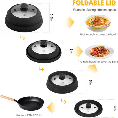 Microwave Splatter Cover Vented Glass Cover Splatter Guard Lid with Collapsible Silicone for Food as Pot Cover Plate Cover 10.8 inch for 6 7 8 9 10 inch Plate Bowl Light Grey