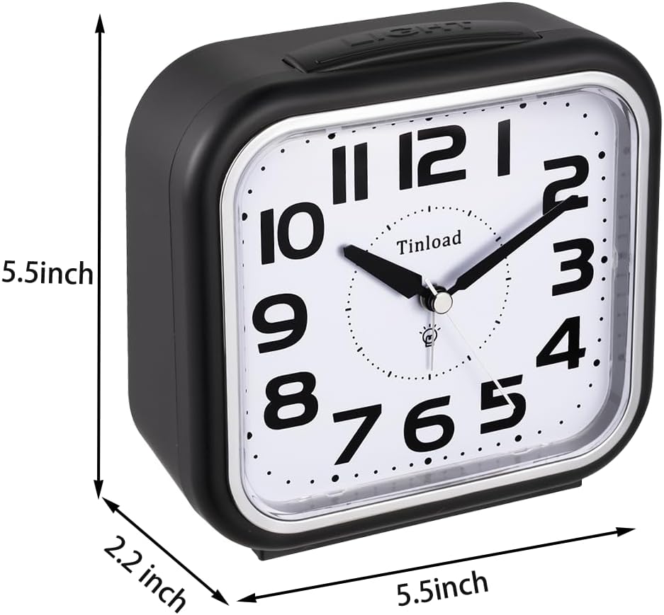 Tinload 5.5" Loud Bell Alarm Clock for Heavy Sleepers Adults, Silent No Ticking,Snooze,Lighted on Demand,Battery Operated Alarm Clocks for Bedrooms (Black)