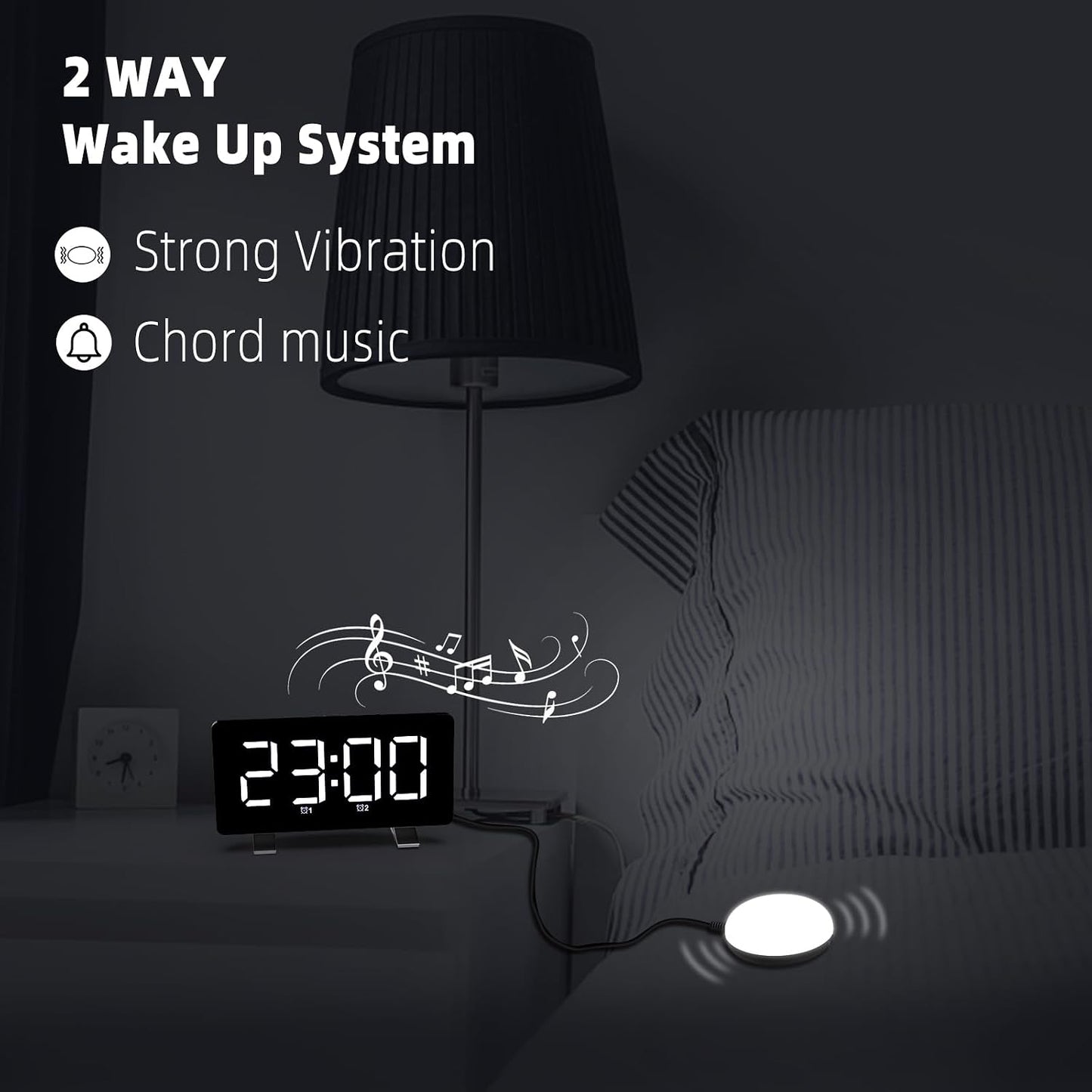 Electronic Vibration Alarm Clock with Super Loud Bed Shaker Memory Function Adjustable Brightness Volume 10 Songs Dual Alarm for Heavy Sleepers Bedroom Desk