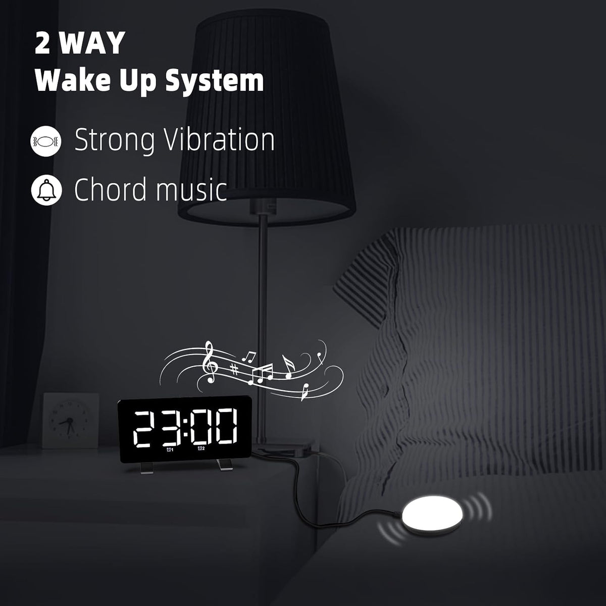 Electronic Vibration Alarm Clock with Super Loud Bed Shaker Memory Function Adjustable Brightness Volume 10 Songs Dual Alarm for Heavy Sleepers Bedroom Desk