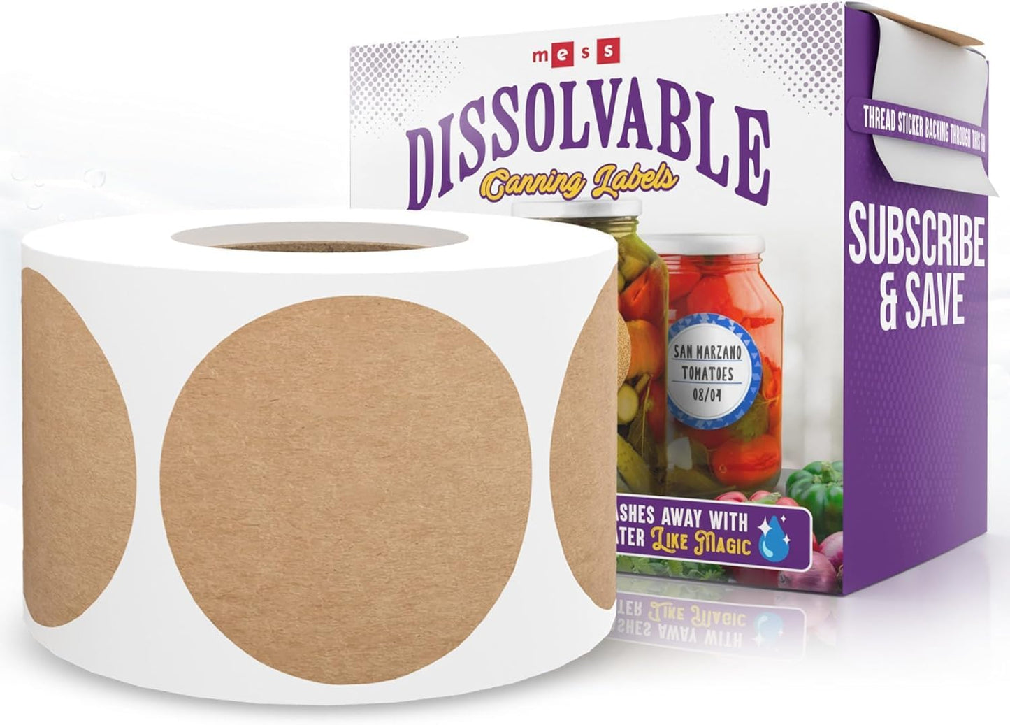 Dissolvable Canning Labels 0.5in Round, Removable Kraft Mason Jar Stickers | Water soluble, no residue, write on with pen, 200 per pack, jam, preserves, pantry, freezer, spice bottles, food storage