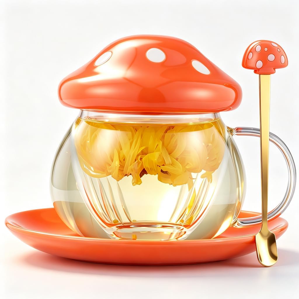 Mushroom Tea Cup Set, Cute Cups Glass Tea Cups with Infuser and Lid, Kawaii Teacup for Loose Leaf Tea Steeper, Coffee Mugs with Saucers, Blooming Tea, Tea Maker Gifts for Women Girls Birthday (Pink)