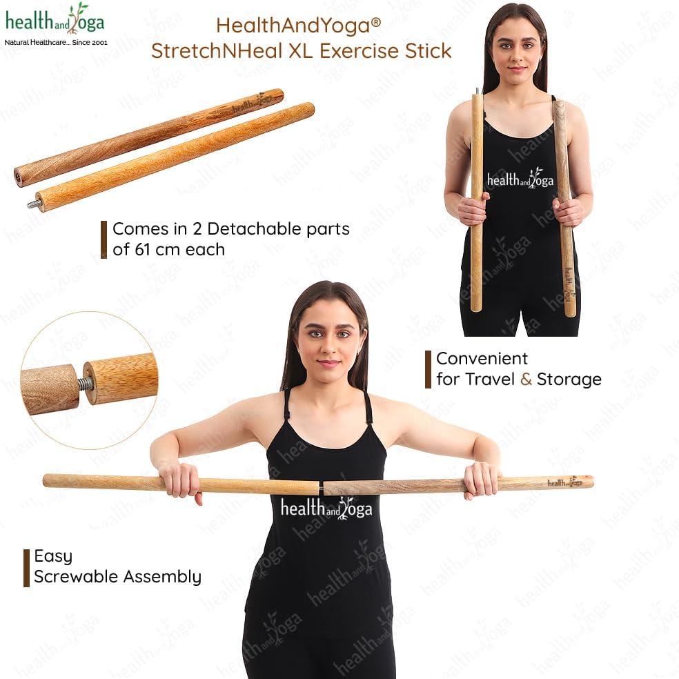 HealthAndYoga™ StretchNHeal Collapsible Multi-Use Wooden Yoga Stick - Regular and XL - Portable Posture Corrector Pole, Stretch Mobility Stick, Physical Workout Exercise Dowel