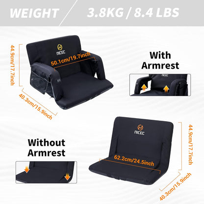 Nice C Heat Massage Stadium Seat, Reclining Bleacher Seat (Regular 1 Pack) | Foldable Floor Arena Chair, Waterproof Stadium Cushion, Thick Padding, Back Support, Shoulder Straps, Side Pockets