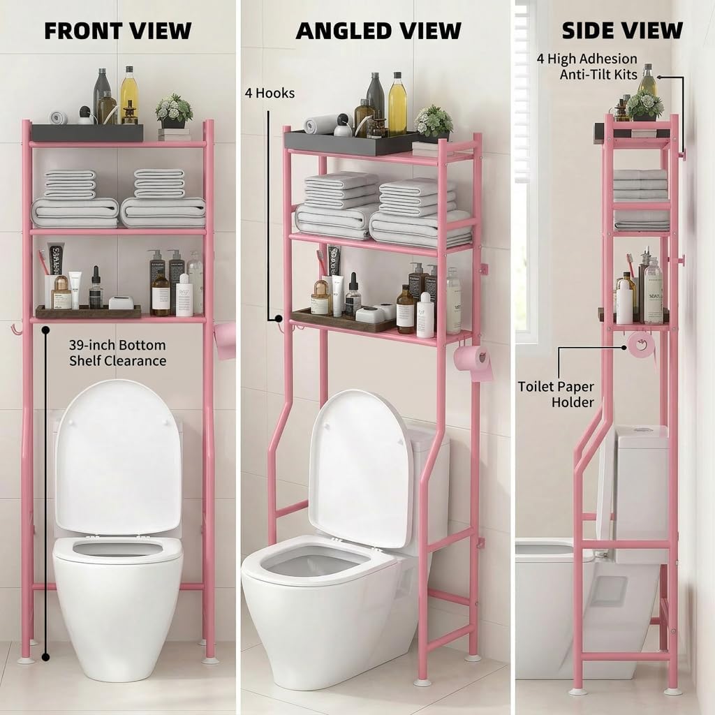 GloTika 3-Tier Over Toilet Storage, Anti-Tilt, 64" H, Black | Anti-Tilt Safety System, 150lb Capacity, Carbon Steel, Freestanding, No Drilling, Anti-Rust Coating, Paper Holder & 4 Hooks