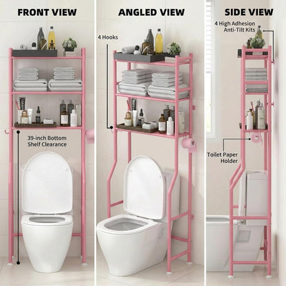 GloTika 3-Tier Over Toilet Storage, Anti-Tilt, 64" H, Black | Anti-Tilt Safety System, 150lb Capacity, Carbon Steel, Freestanding, No Drilling, Anti-Rust Coating, Paper Holder & 4 Hooks