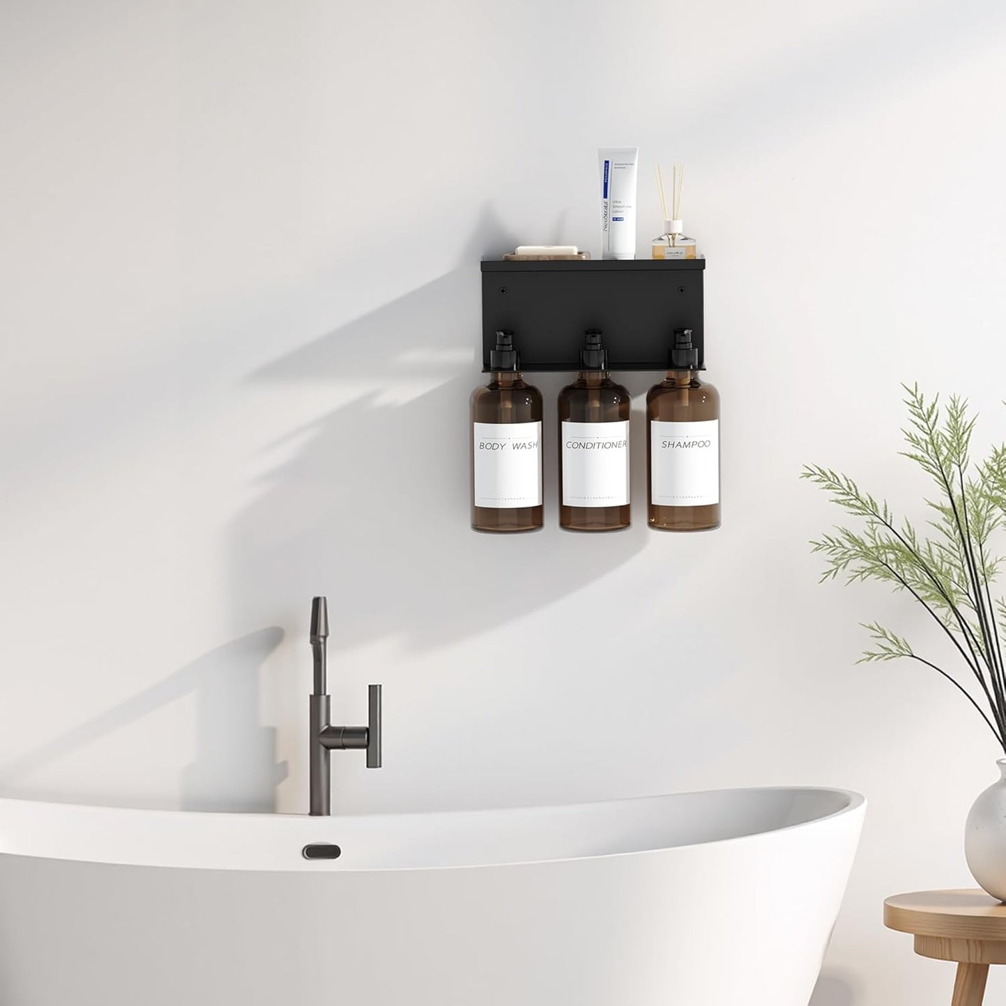 Shampoo and Conditioner Dispenser, Soap Dispenser Wall Mounted, 25.36 fl oz Set of 3 Amber Plastic Bottles Black Pump, Shower Soap Bottles Refillable with Labels for Bathroom