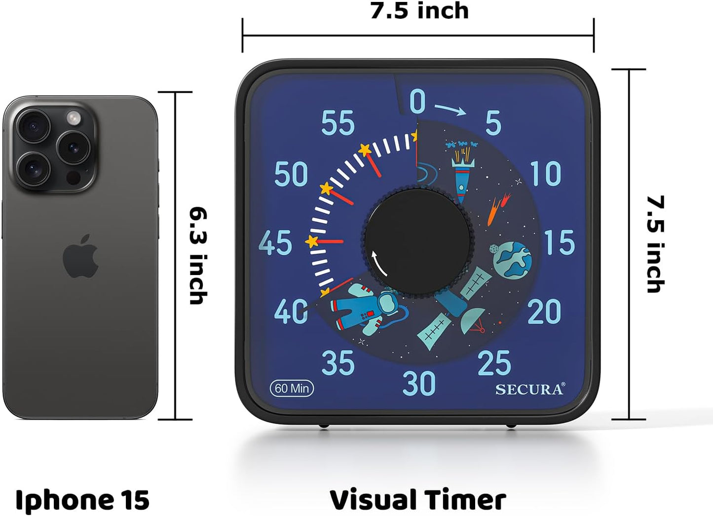 Secura 7.5-Inch Rocket Pattern Visual Timer for Kids, 60-Minute Countdown Timer for Classroom or Kitchen, Durable Mechanical Timer Clock with Magnetic Backing (Blue)