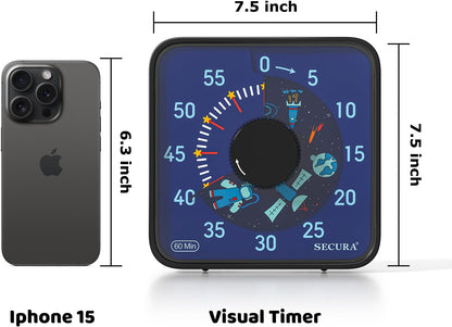 Secura 7.5-Inch Rocket Pattern Visual Timer for Kids, 60-Minute Countdown Timer for Classroom or Kitchen, Durable Mechanical Timer Clock with Magnetic Backing (Blue)