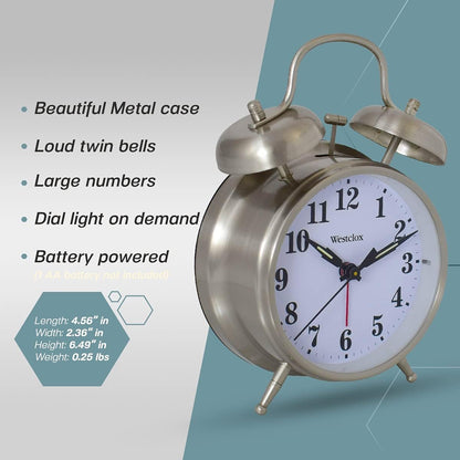 Westclox Big Ben Twin Bell Alarm Clock | Loud Alarm Clock for Heavy Sleepers | Battery Operated Clock with Backlight for Bedside Table, Bedroom, Kids Room, Desk (Gold, 4")