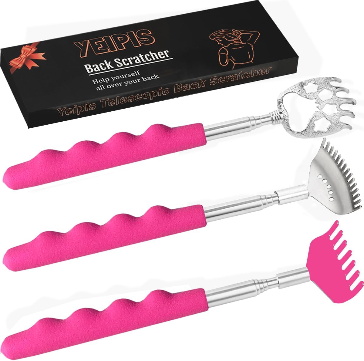 Yeipis 3 Pack Different Back Scratcher Metal Portable Telescoping with Rubber Handles, Extendable Back Massager Tool with Beautiful Box, Stocking Stuffers for Men Women Christmas Presents(Black)