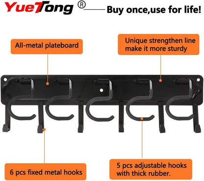 YueTong 68" All Metal Garden Tool Organizer,Adjustable Garage Wall Organizers and Storage,Heavy Duty Wall Mount Holder with Hooks for Broom,Rake,Mop,Shovel(4 Pack)
