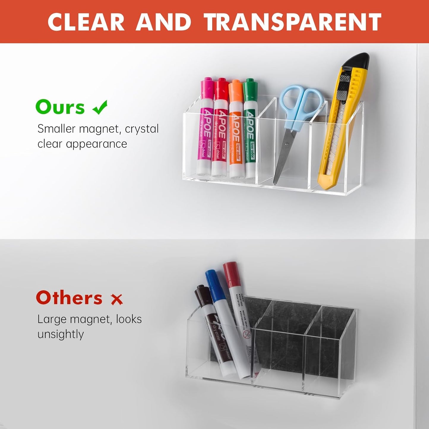 Magnetic Dry Erase Marker Holder for Whiteboard, Fridge, Classroom | Acrylic Magnet Pen Holder for Office, Refrigerator, Whiteboard Maker Holder for Teacher, Locker Organizer Accessories(Clear)