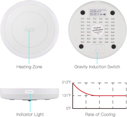 BESTINNKITS Smart Coffee Set Auto On/Off Gravity-Induction Mug Office Desk Use, Candle Wax Cup Warmer Heating Plate (Up to 131F/55C), 14oz (White Set)