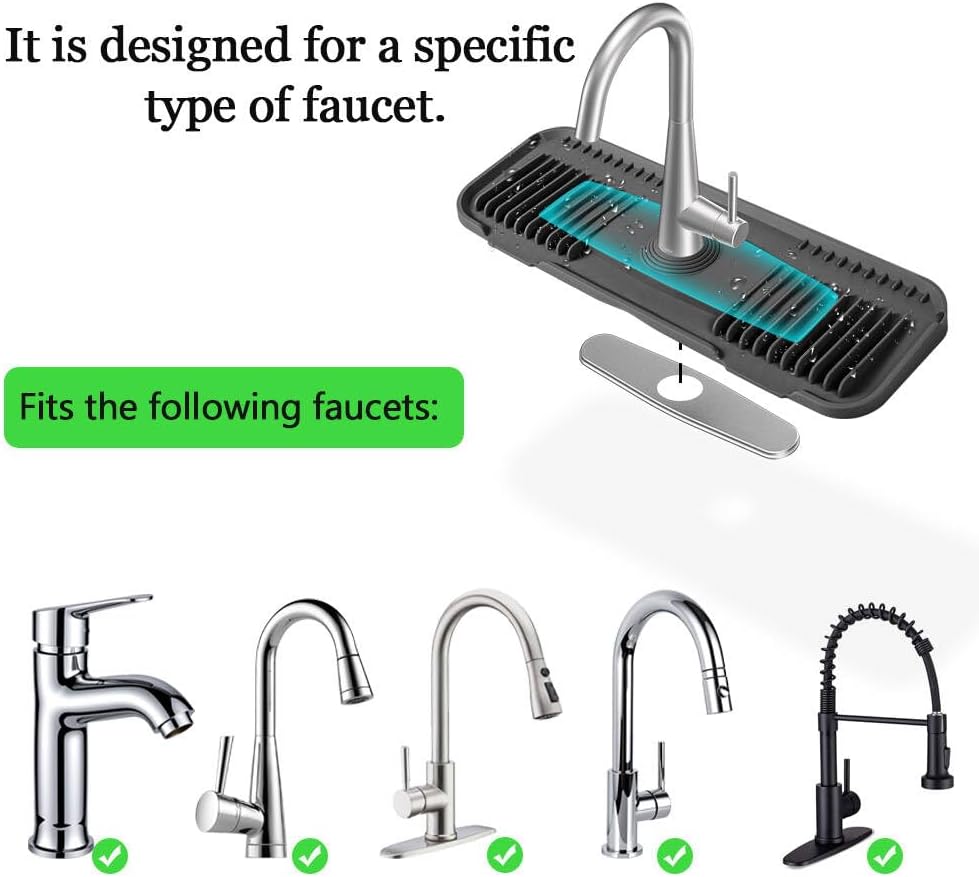 Silicone Faucet Mat, EK-Memory-fish Kitchen Faucet Mat Silicone Faucet Drip Catcher with Cuttable Circular Central for Kitchen Sink, Tailor-Made for Faucets with Deck Plate (Black)
