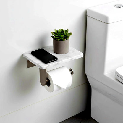 Toilet Paper Holder with Natural Marble Shelf for Bathroom Washroom,Wall Mounted Tissue Holder Suitable for Mega Roll (Brushed Nickel,Small 6.7 * 4.3 in)