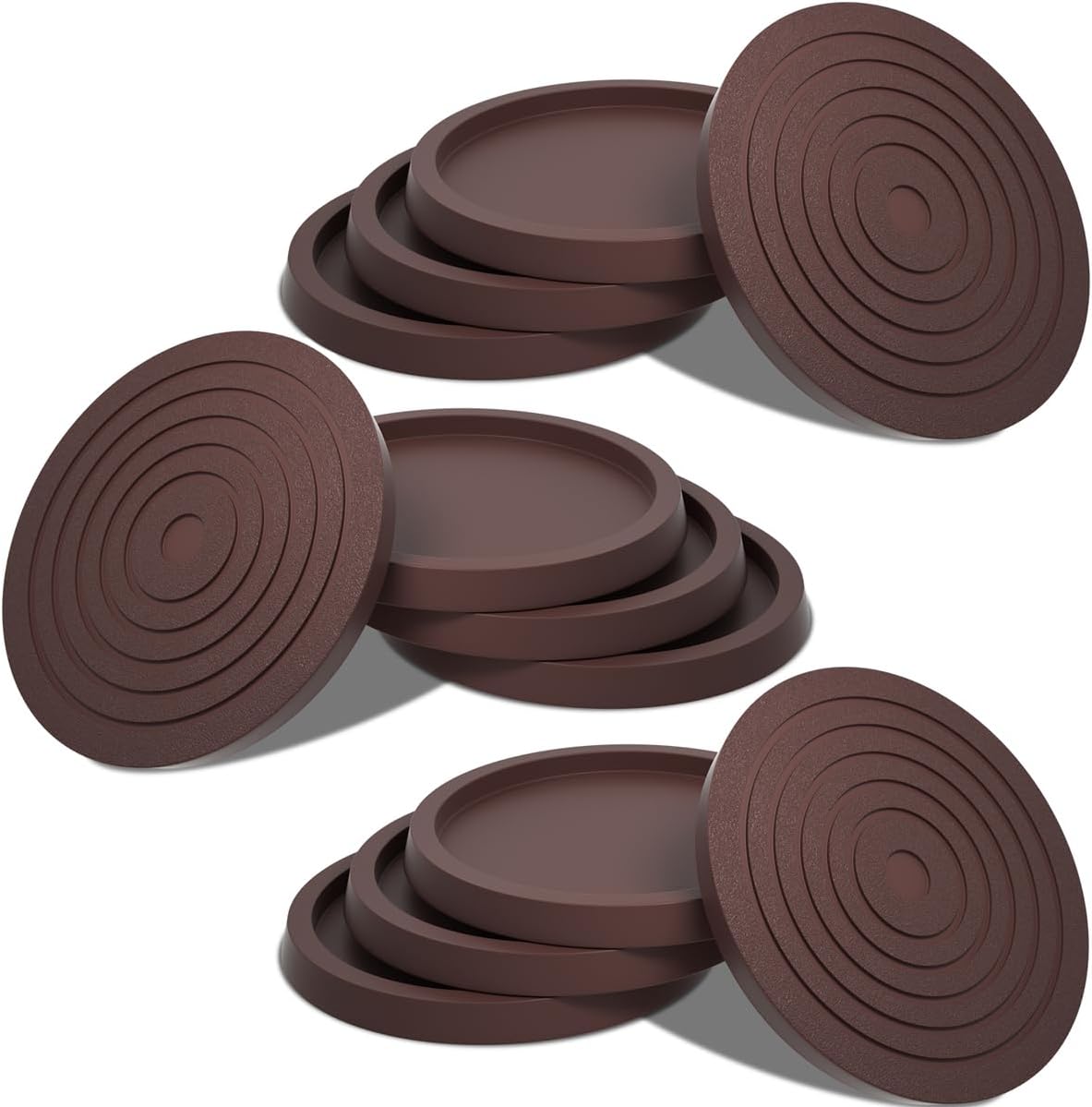12Pcs 2.5in Furniture Coasters Non-Slip Bed Leg Pads Round Rubber Anti Sliding Caster Cups for Hardwood Floors Brown