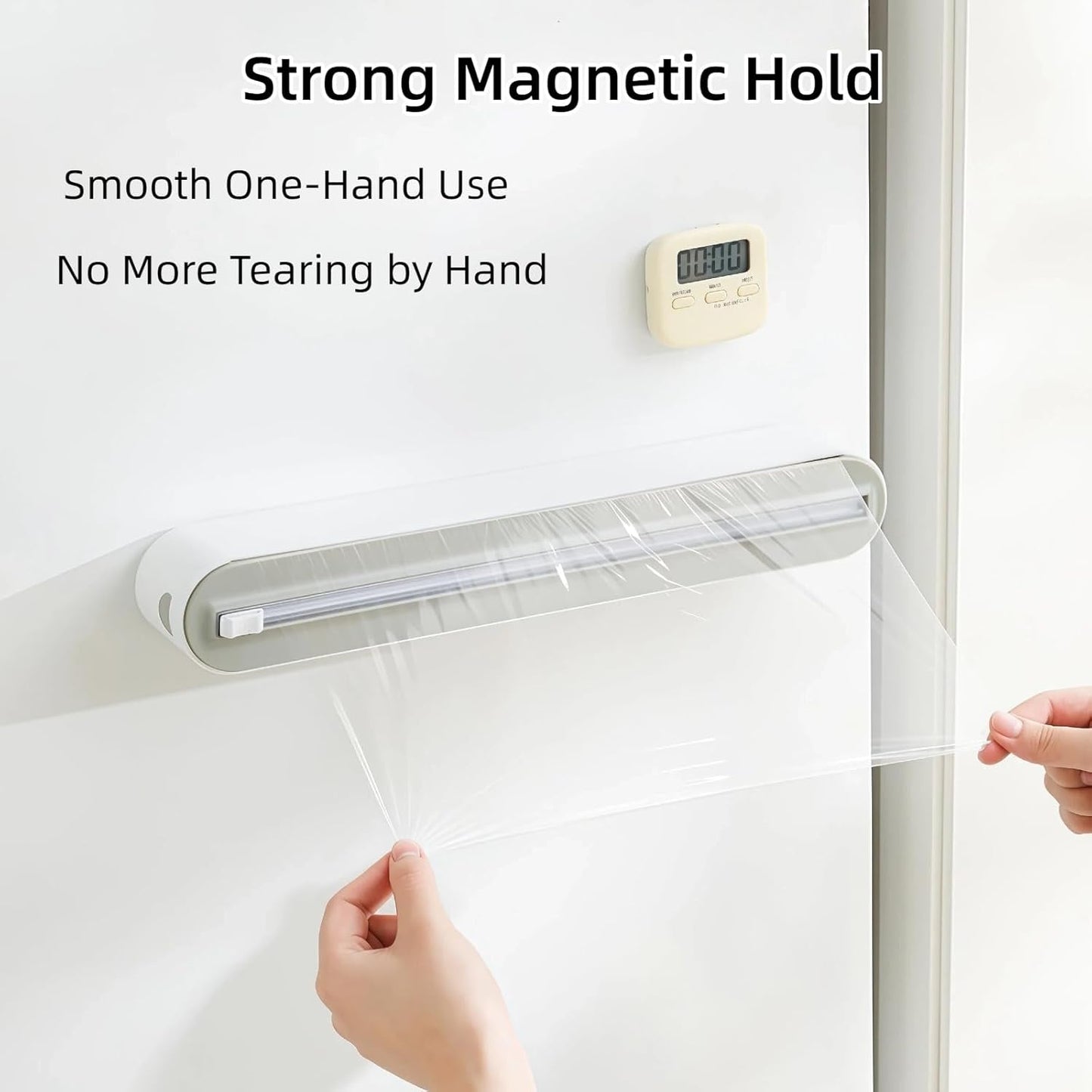 Fits 12" Rolls Up to 1.45" Diameter, Plastic Wrap Dispenser with Cutter | Includes 100 ft plastic wrap; fits slim 12" rolls up to 1.45" diameter. Magnetic mount; not for jumbo or commercial rolls.