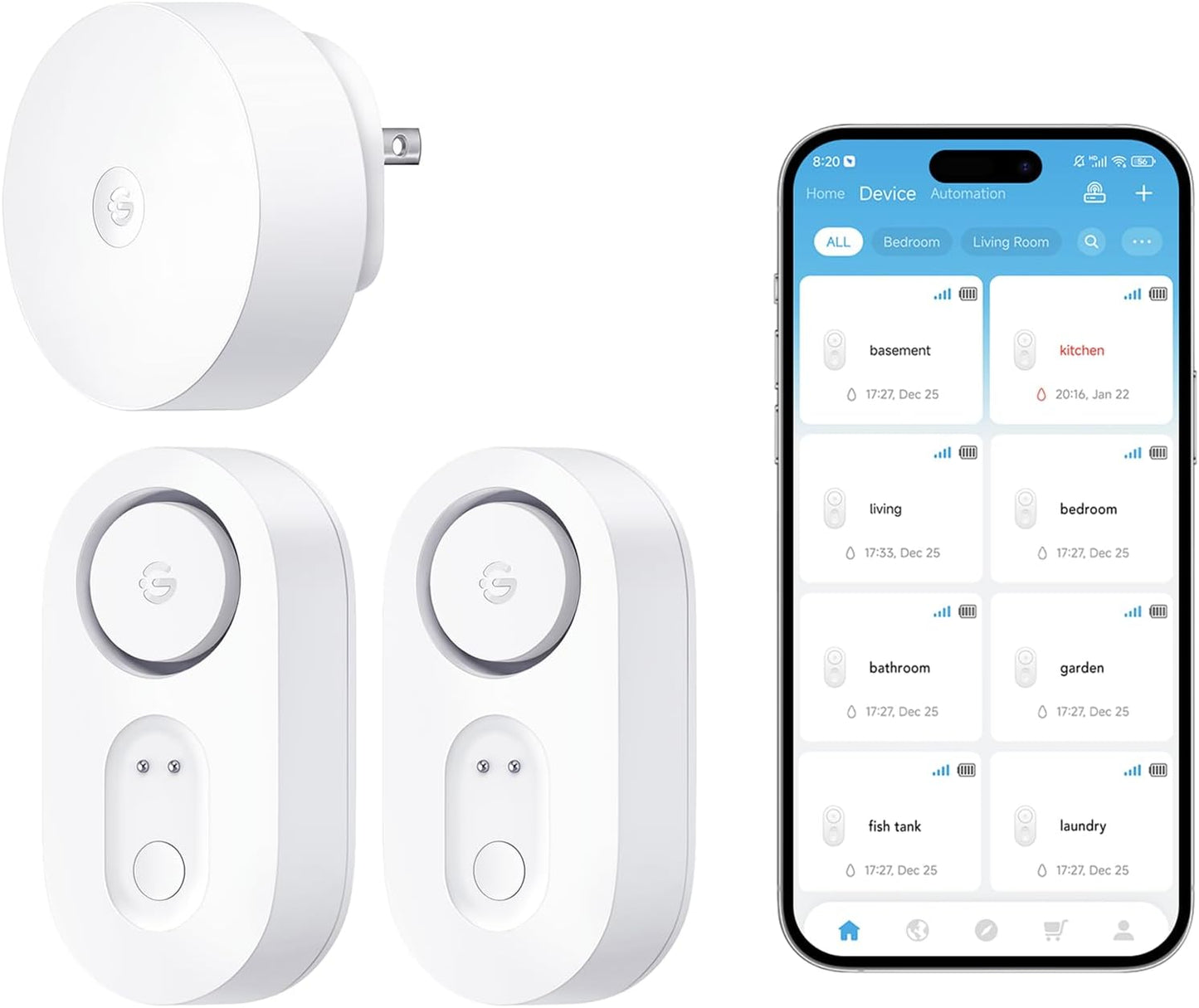 GoveeLife Upgraded Smart Water Leak Detector 1s with High Alarm, 4 Pack | 1804ft Ultra-Long Range, WiFi Water Sensor with SMS/Email/APP Push, 5Yr Battery Life,IP67, Suit for Home, Basement, Kitchen