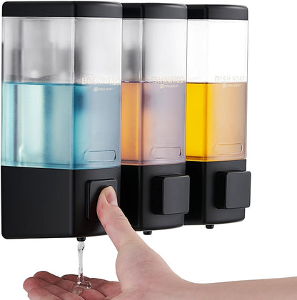 Pollock Shampoo and Conditioner Dispenser,Black 3 Chamber * 500ML | Shower Soap Dispenser Wall Mounted, Body Wash Dispenser No Drill,Refillable Shower Dispenser for Bathroom,Hotel,Public Place