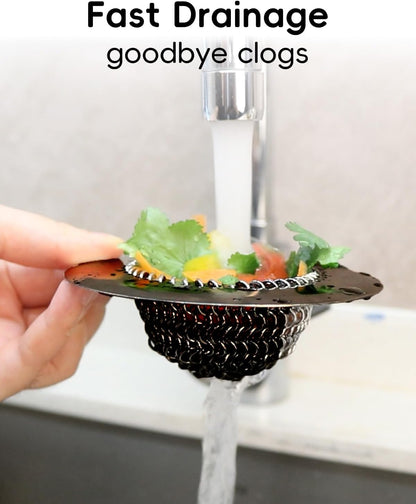 Reversible Kitchen Sink Drain Strainer Basket, Fits Sink & Garbage Disposal | Fast Drainage, Anti-Slip, Easy Clean, Anti-Clogging, Rust-Proof, Large Capacity, Universal 4.4-Inch, Patented Chain Mesh