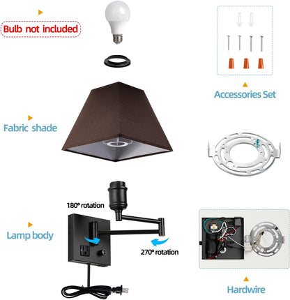 Wall Mounted Lamp Plug in Wall Sconce with Dimmable Switch Swing Arm Wall Lamp Whire Fabric Shade with USB Port Gold Wall Sconce Suitable for Hallway Bedroom Living Room…