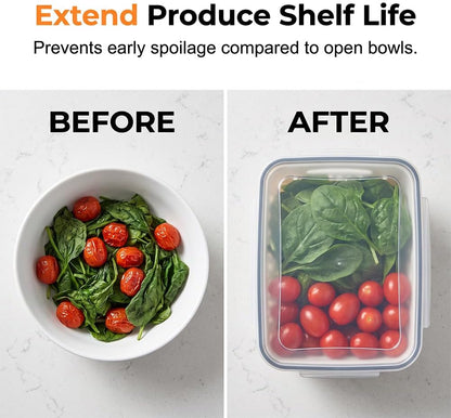 Fruit Storage Containers for Fridge, Leakproof Produce Containers with Colanders & Lids, Refrigerator Organizers and Storage for Berry Vegetable Salad Lettuce Meat Food, Blue, S+M+L