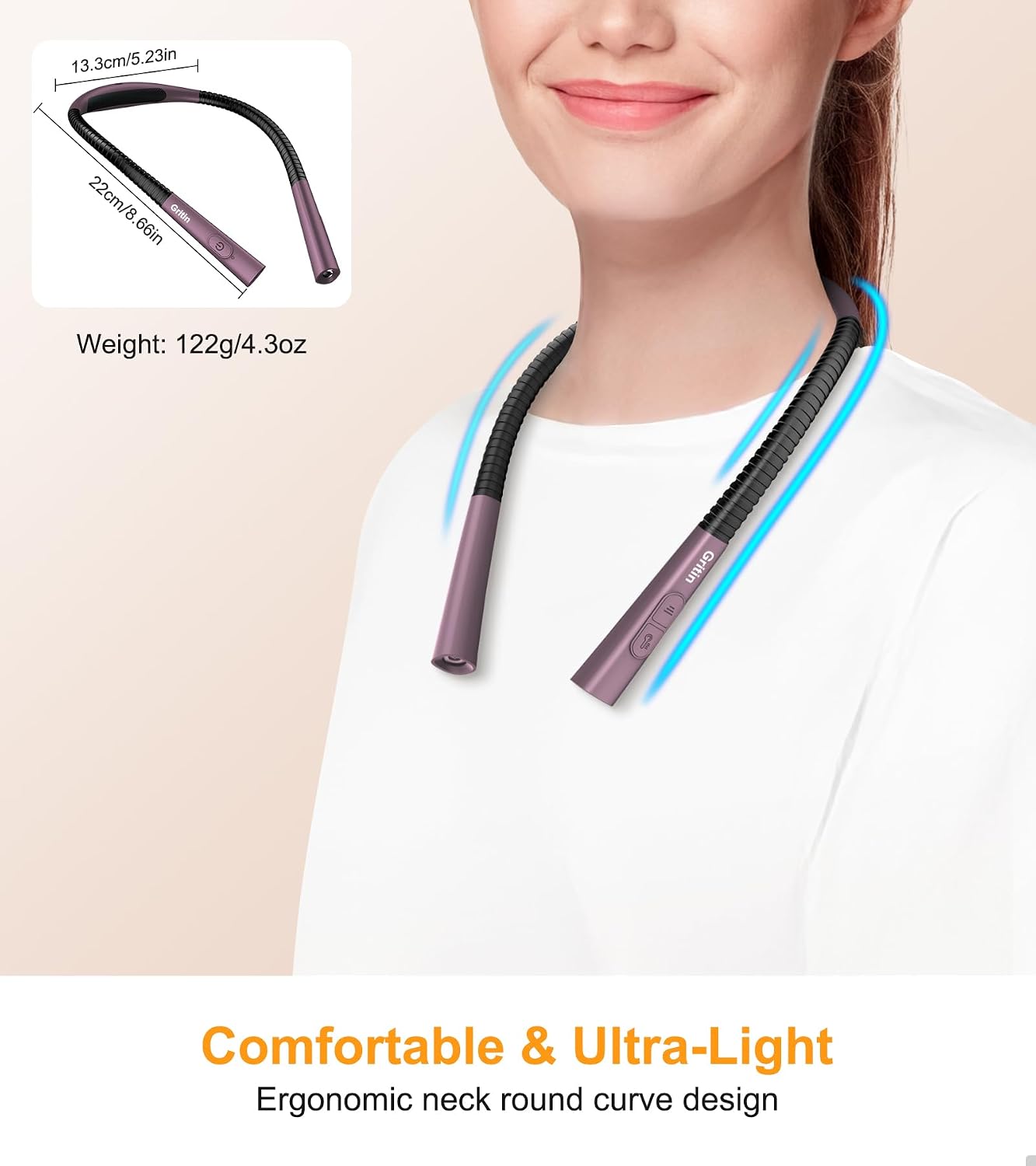 Gritin Book Light, Eye Caring 4-Color&5-Brightness Neck Light Reading Light | Stepless Dimming, 30-min Timer, 80+ Hrs Runtime, Bendable Round Neck Design, Lightweight for Reading, Knitting, Repairing