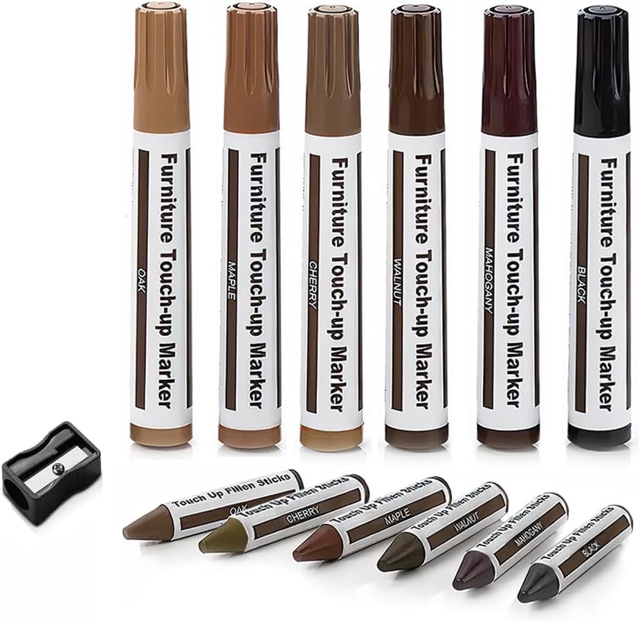 Furniture Repair Kit Wood Markers - 13 Markers & Wax Sticks with Sharpener | Fix Wood Scratches & Stains, Touch-up Kit for Floors, Tables, Desks, Bedposts, Fit for All Furniture Surface Repairs Cover Up
