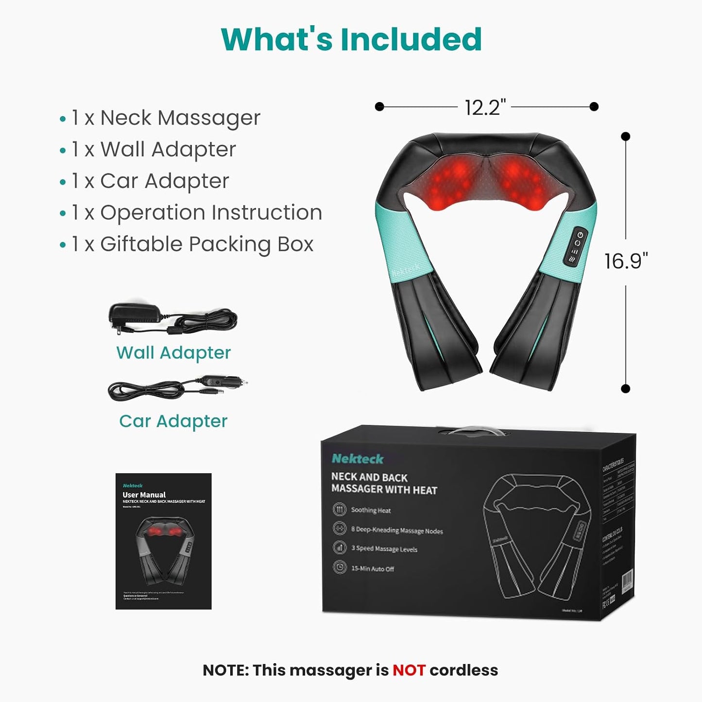 Nekteck Shiatsu Neck Massager with Heat for Pain Relief, NOT Cordless | 2026 Upgraded 3D Back Shoulder Kneading Massage Pillow, 3 Intensity Speeds Deep Tissue, Relaxation Gifts for Men Women, Black