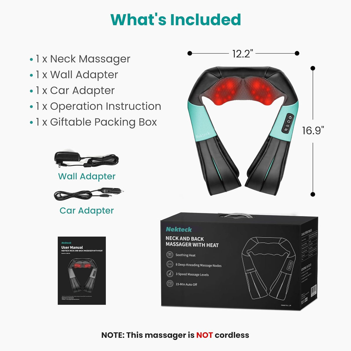 Nekteck Shiatsu Neck Massager with Heat for Pain Relief, NOT Cordless
