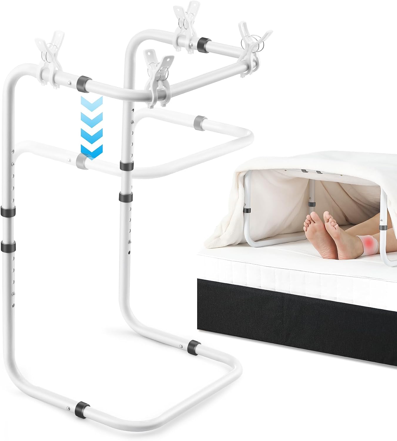 Bed Cradle Blanket Lifter for Feet – Adjustable Blanket Support Frame with 4 Clips, Blanket Lifters for Foot of Bed to Relieve Pressure, Blanket Lifter for Foot Pain and Recovery