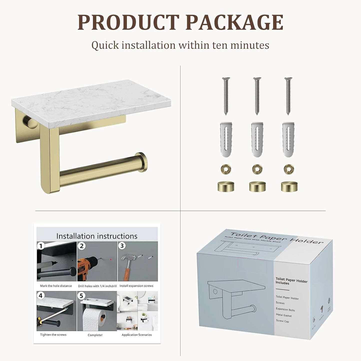 BWE Brushed Gold Toilet Paper Holder with Marble Shelf Wall Mounted | Toilet Paper Roll Holder with Phone Shelf 304 Stainless Steel Tissue Holder for Bathroom Washroom,Saving Space