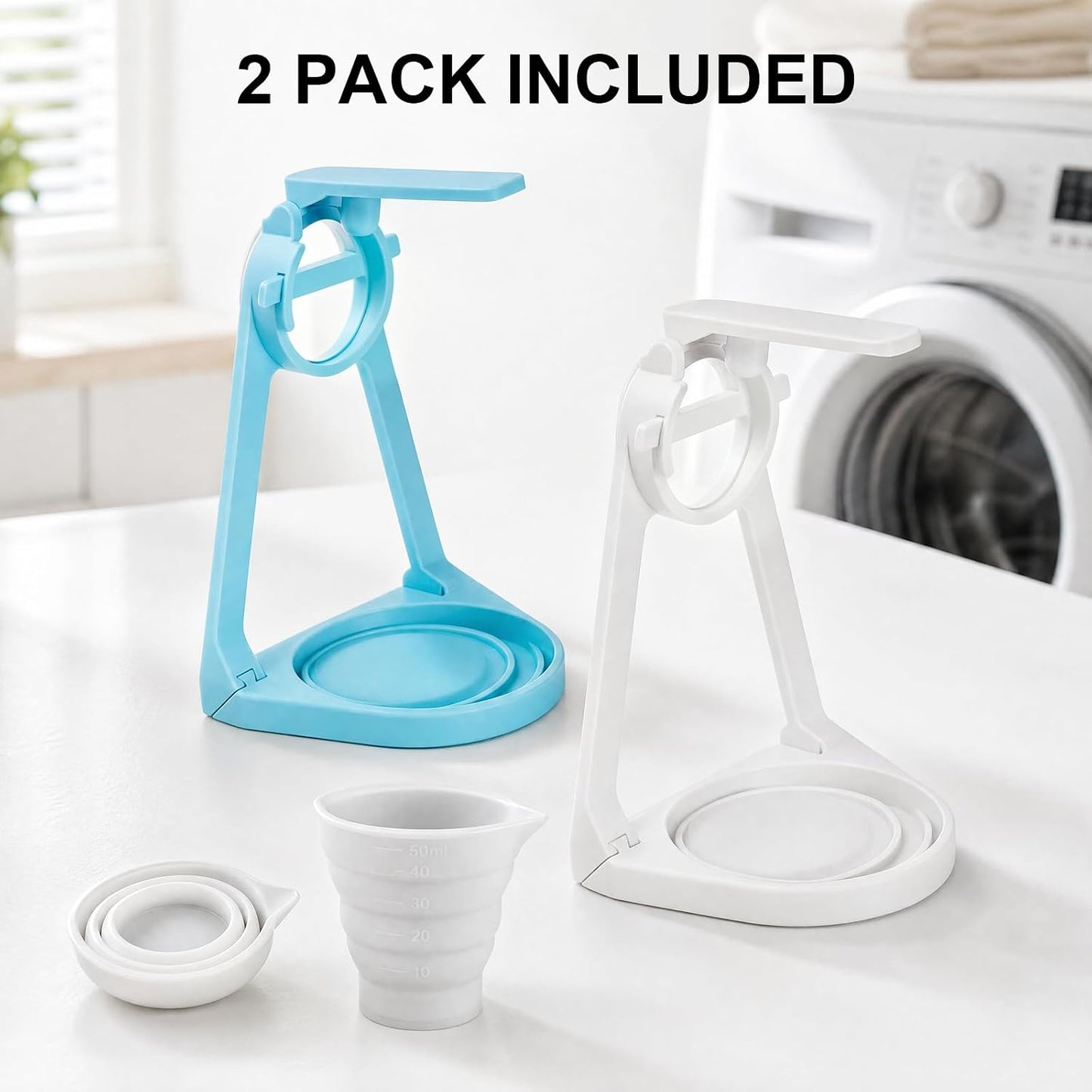 2 Pack Laundry Detergent Dispenser with Laundry Cup Holder and Drip Tray, Detergent Drip Catcher Fits Most Economic Sized Bottles