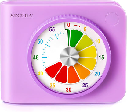 Secura 60 Minute Visual Timer for Kids, Countdown Timer for Time Management | Silent ADHD Timer with Pause, Magnetic Back, Stand, for Classroom, Home, School, Kitchen, Office (Purple)