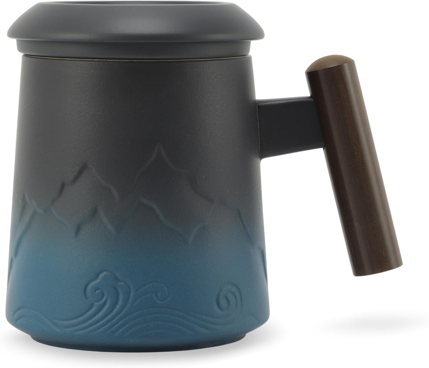 Tea Cup with Infuser, 13.5oz Ceramic Tea Infuser Mug with Wood Handle and Cup Lid, Tea Strainer Cup for Loose Leaf Steeping, Blue&Black