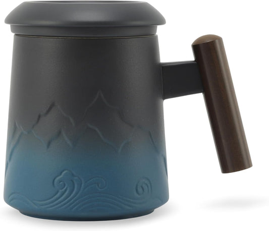 Tea Cup with Infuser, 13.5oz Ceramic Tea Infuser Mug with Wood Handle and Cup Lid, Tea Strainer Cup for Loose Leaf Steeping, Blue&Black