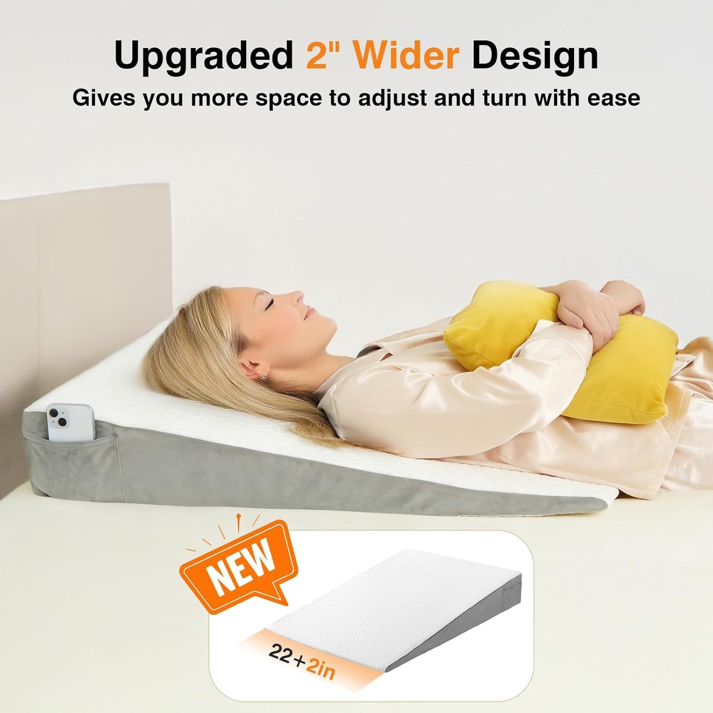 Vekkia 34" Extra-Long Wedge Pillow,7.5" Bed Wedge Pillow for Sleeping,White | Pillow Wedge Back Support for After Surgery, Idea for Acid Reflux,Snoring Relief,Removable Washable Cover&Double Side Pockets